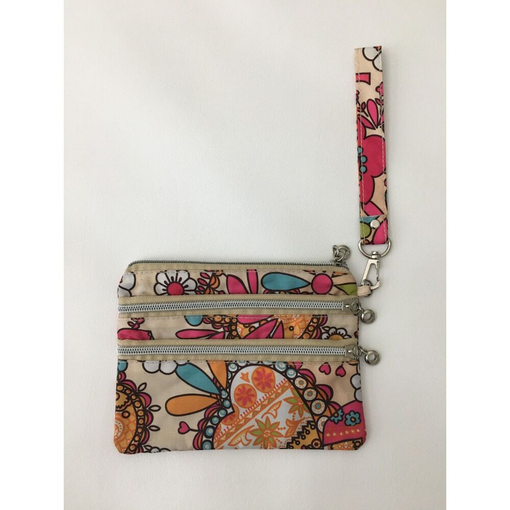 Floral Triple Zip Wristlet Wallet Organizer Pouch Multicolor Boho
